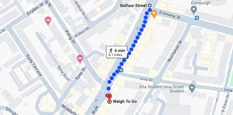 Locations of Weigh To Go and Balfour St tram stop on Leith Walk in Edinburgh