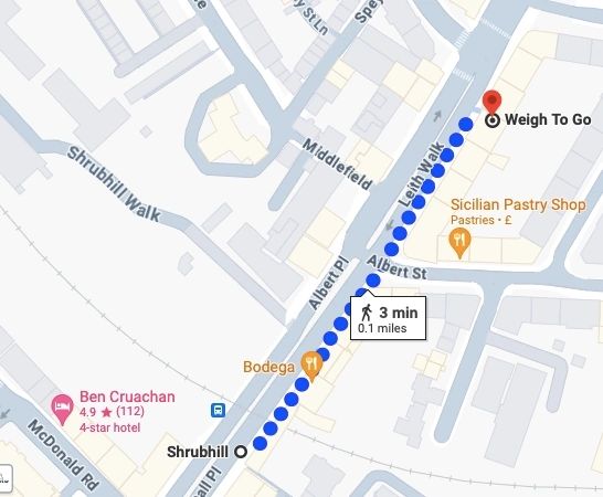 Map location of Weigh to Go and Shrubhill bus stop on Leith Walk, Edinburgh